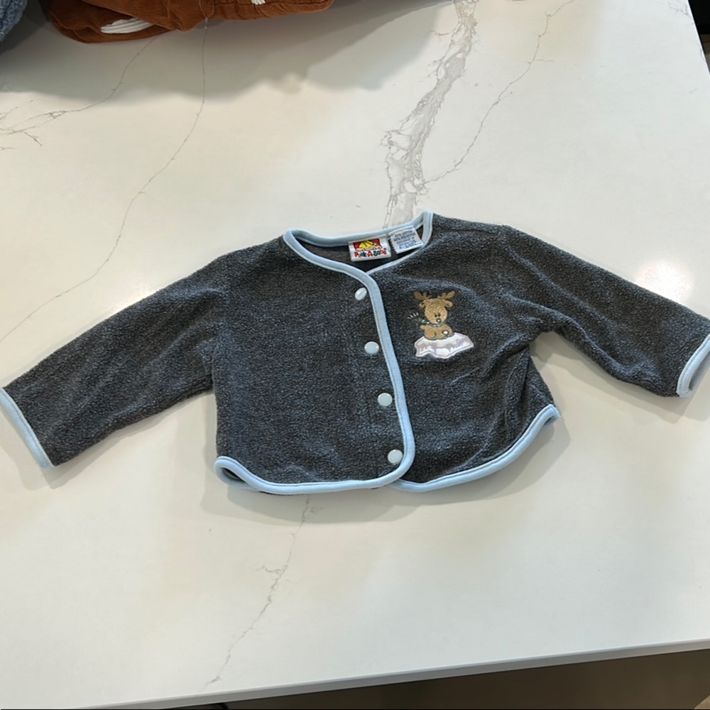 Peek-A- Babe Gray Baby Cardigan with Blue Trim 6-9 months